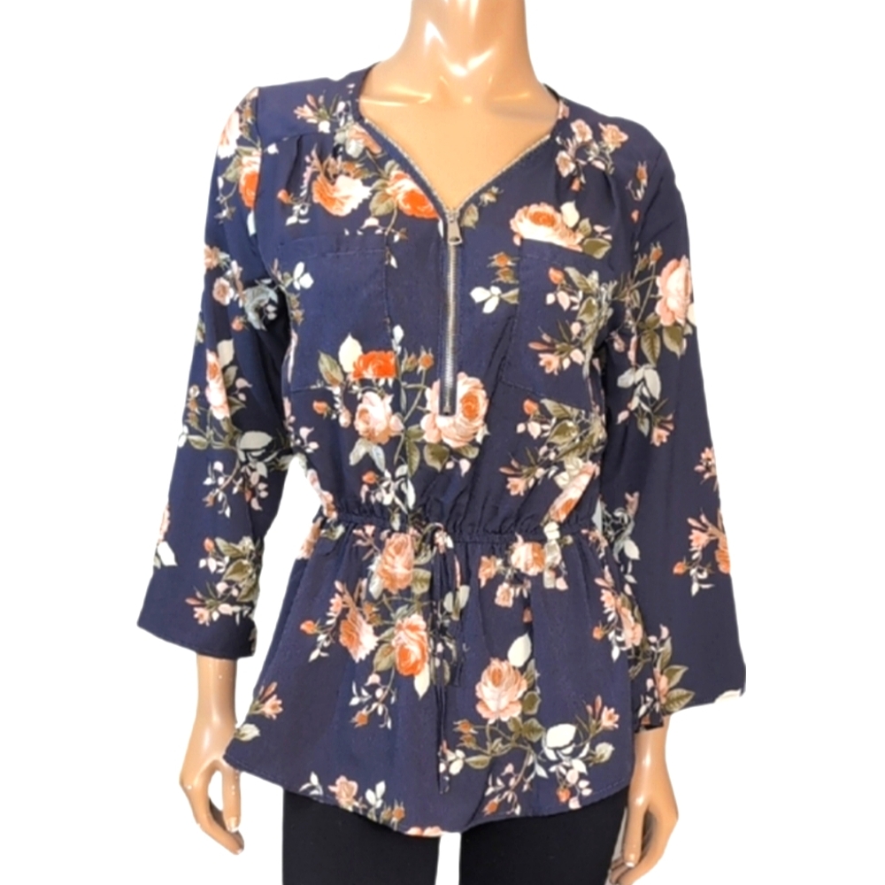 Stella Tweed Floral Top Womens Size Medium Drawstring Zippered Long Sleeve Blue